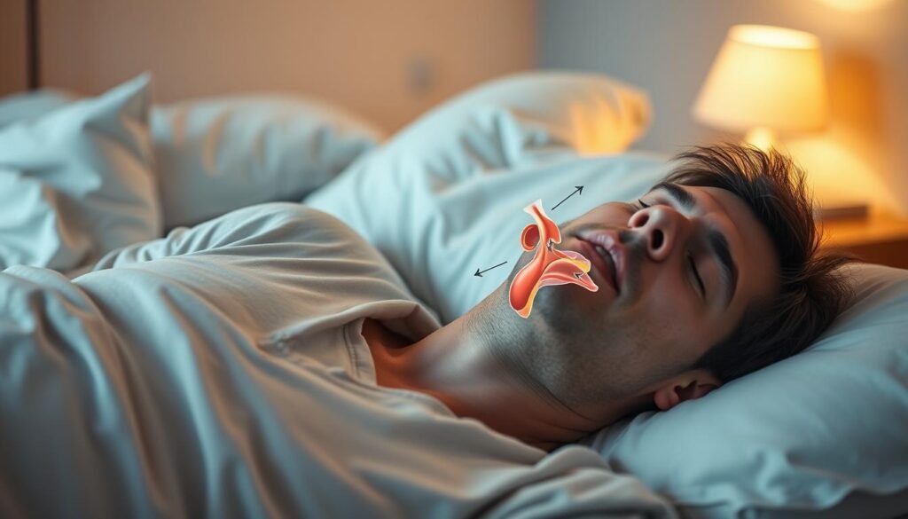 A serene bedroom scene focused on the causes of snoring, capturing the dynamics of sleep. In the foreground, a close-up of a man sleeping peacefully, wearing a simple, light-colored pajama top, showcasing gentle facial expressions. His slightly open mouth reveals a relaxed posture typical of snorers. In the middle ground, a variety of sleep-related elements, such as an anatomically accurate illustration of the human throat, showing how the airway can become obstructed, illustrated with subtle arrows for clarity. In the background, a calming, softly lit atmosphere with gentle shadows, perhaps a bedside lamp casting warm light, creating a peaceful and informative mood. The entire scene feels inviting and educational, emphasizing the theme of understanding snoring causes without any text or distractions.