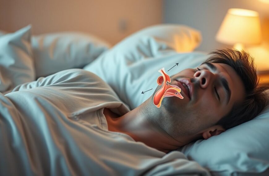 A serene bedroom scene focused on the causes of snoring, capturing the dynamics of sleep. In the foreground, a close-up of a man sleeping peacefully, wearing a simple, light-colored pajama top, showcasing gentle facial expressions. His slightly open mouth reveals a relaxed posture typical of snorers. In the middle ground, a variety of sleep-related elements, such as an anatomically accurate illustration of the human throat, showing how the airway can become obstructed, illustrated with subtle arrows for clarity. In the background, a calming, softly lit atmosphere with gentle shadows, perhaps a bedside lamp casting warm light, creating a peaceful and informative mood. The entire scene feels inviting and educational, emphasizing the theme of understanding snoring causes without any text or distractions.