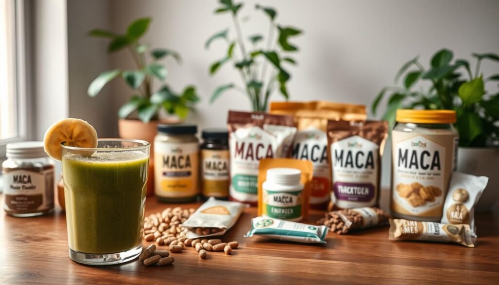 A beautifully arranged display of various maca products on a wooden table, showcasing jars of maca powder, capsules, and energy bars. In the foreground, a glass of maca smoothie with a vibrant green hue, garnished with a slice of banana and a sprinkle of chia seeds. The middle ground features a selection of labeled maca packages, each uniquely designed, hinting at their different health benefits. In the background, soft natural light filters through a window, illuminating potted plants that suggest a healthy lifestyle. The atmosphere is calm and informative, evoking a sense of wellness and trust in natural supplements. The scene is captured with a shallow depth of field, enhancing the focus on the maca products while softly blurring the background.