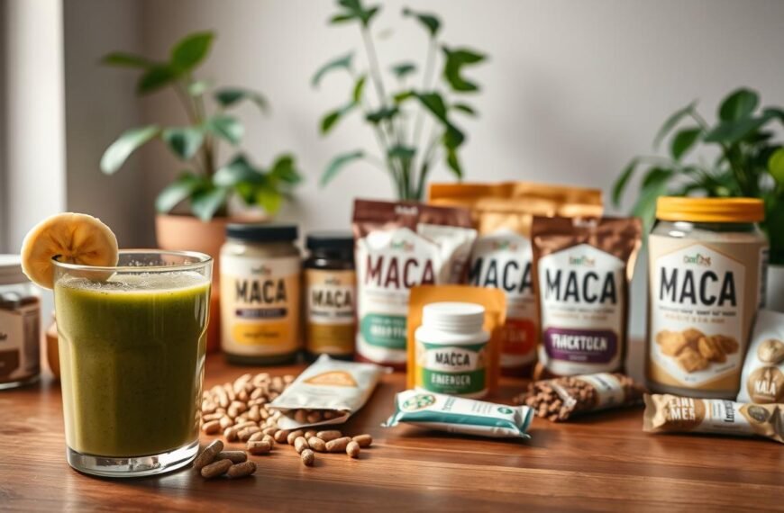 A beautifully arranged display of various maca products on a wooden table, showcasing jars of maca powder, capsules, and energy bars. In the foreground, a glass of maca smoothie with a vibrant green hue, garnished with a slice of banana and a sprinkle of chia seeds. The middle ground features a selection of labeled maca packages, each uniquely designed, hinting at their different health benefits. In the background, soft natural light filters through a window, illuminating potted plants that suggest a healthy lifestyle. The atmosphere is calm and informative, evoking a sense of wellness and trust in natural supplements. The scene is captured with a shallow depth of field, enhancing the focus on the maca products while softly blurring the background.