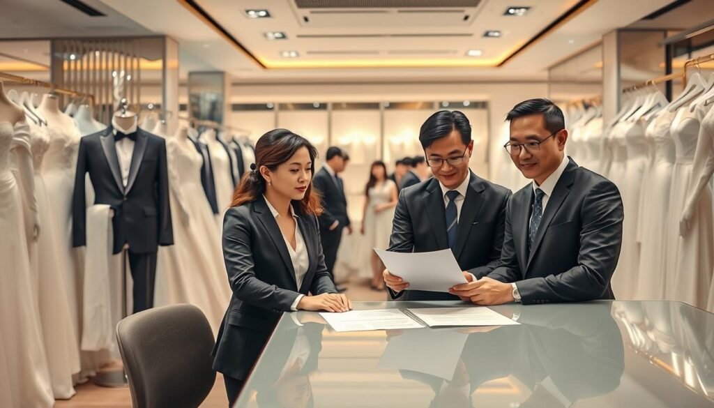 A bustling Taipei formal wear store interior, showcasing elegant wedding dresses and tuxedos displayed on mannequins. In the foreground, a professional-looking team of staff members, dressed in smart business attire, discussing a contract at a sleek, modern desk. Their expressions convey focus and determination. In the middle ground, other customers are browsing the dresses, creating a lively atmosphere. The background features soft, warm lighting that highlights the intricate details of the garments. The overall mood is one of professionalism and readiness, capturing the essence of effective contract management and risk control in a formal wear retail environment. The camera angle is slightly elevated, giving a comprehensive view of the store layout without any text or distractions.