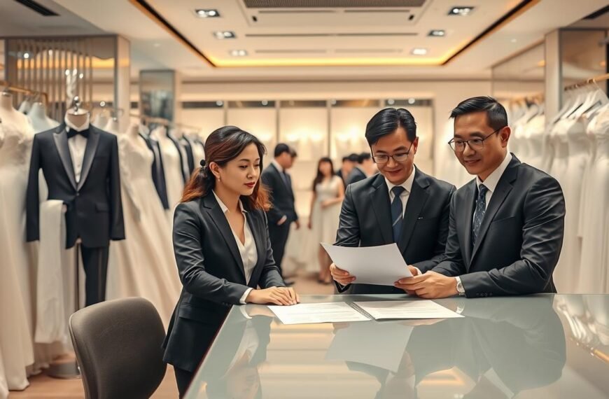 A bustling Taipei formal wear store interior, showcasing elegant wedding dresses and tuxedos displayed on mannequins. In the foreground, a professional-looking team of staff members, dressed in smart business attire, discussing a contract at a sleek, modern desk. Their expressions convey focus and determination. In the middle ground, other customers are browsing the dresses, creating a lively atmosphere. The background features soft, warm lighting that highlights the intricate details of the garments. The overall mood is one of professionalism and readiness, capturing the essence of effective contract management and risk control in a formal wear retail environment. The camera angle is slightly elevated, giving a comprehensive view of the store layout without any text or distractions.