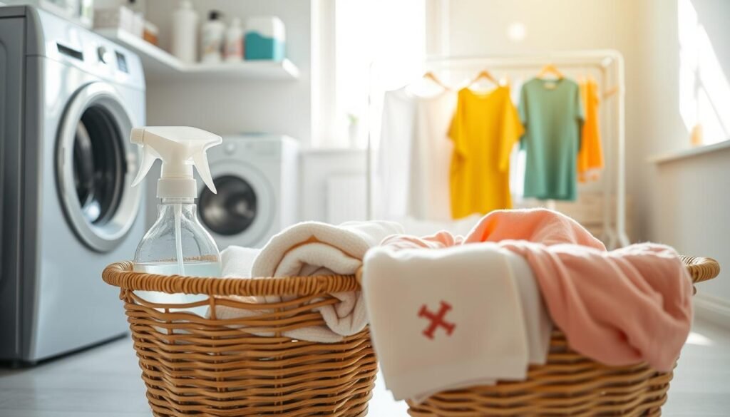 A clean and organized laundry room, focusing on the disinfection process for clothes and towels post-therapy for skin health. In the foreground, a neatly arranged basket filled with freshly laundered towels, with a bottle of disinfectant spray prominently visible. In the middle ground, a washing machine and a drying rack with sanitized garments, showcasing bright, vibrant colors of the fabrics. Soft, natural light streams in through a window, enhancing the freshness and cleanliness of the scene. The background features shelves with additional cleaning supplies, emphasizing the importance of thorough disinfection. The atmosphere is one of care and attention to hygiene, suggesting a routine that promotes long-term skin health. A clean and organized laundry room, focusing on the disinfection process for clothes and towels post-therapy for skin health. In the foreground, a neatly arranged basket filled with freshly laundered towels, with a bottle of disinfectant spray prominently visible. In the middle ground, a washing machine and a drying rack with sanitized garments, showcasing bright, vibrant colors of the fabrics. Soft, natural light streams in through a window, enhancing the freshness and cleanliness of the scene. The background features shelves with additional cleaning supplies, emphasizing the importance of thorough disinfection. The atmosphere is one of care and attention to hygiene, suggesting a routine that promotes long-term skin health.