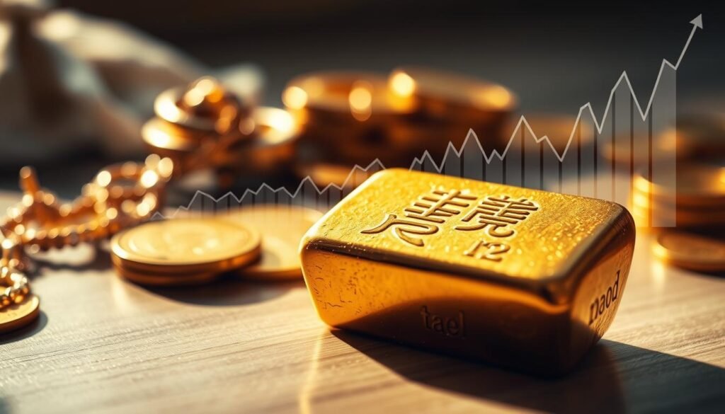 A close-up view of a detailed gold ingot, prominently displaying the weight markings of one tael (一錢) to indicate its high value, set against a backdrop of soft, blurred luxury items like jewelry and coins. The light reflects off the gold surface, creating a warm, inviting glow that suggests wealth and prosperity. In the middle ground, scattered graphs and charts illustrate rising gold prices, subtly integrated, showcasing the relationship between economic conditions and gold valuation. The scene has a rich atmosphere, evoking a sense of intrigue and sophistication. The image is illuminated with natural daylight, coming from a soft window light, casting gentle shadows for depth. The angle is slightly tilted, enhancing the artistic composition while maintaining focus on the gold ingot.