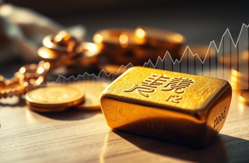 A close-up view of a detailed gold ingot, prominently displaying the weight markings of one tael (一錢) to indicate its high value, set against a backdrop of soft, blurred luxury items like jewelry and coins. The light reflects off the gold surface, creating a warm, inviting glow that suggests wealth and prosperity. In the middle ground, scattered graphs and charts illustrate rising gold prices, subtly integrated, showcasing the relationship between economic conditions and gold valuation. The scene has a rich atmosphere, evoking a sense of intrigue and sophistication. The image is illuminated with natural daylight, coming from a soft window light, casting gentle shadows for depth. The angle is slightly tilted, enhancing the artistic composition while maintaining focus on the gold ingot.