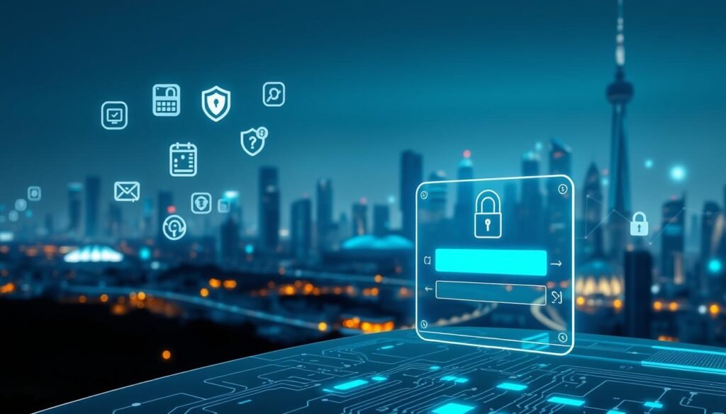 A high-tech digital landscape showcasing the concept of online security for "3A Entertainment City." In the foreground, a secure login interface appears with a strong password input field, surrounded by floating icons representing security measures like firewalls, encryption, and two-factor authentication. The middle ground features an abstract representation of a shield symbolizing protection, with glowing circuits and network lines trailing off into the background. The background is a sleek, modern city skyline illuminated with soft blue and green lights, conveying a sense of trust and innovation. The overall mood is professional and reassuring, highlighting the importance of account security in an increasingly digital world. Gentle ambient lighting creates a clean and modern atmosphere, emphasizing the image's focus on safety and user empowerment.