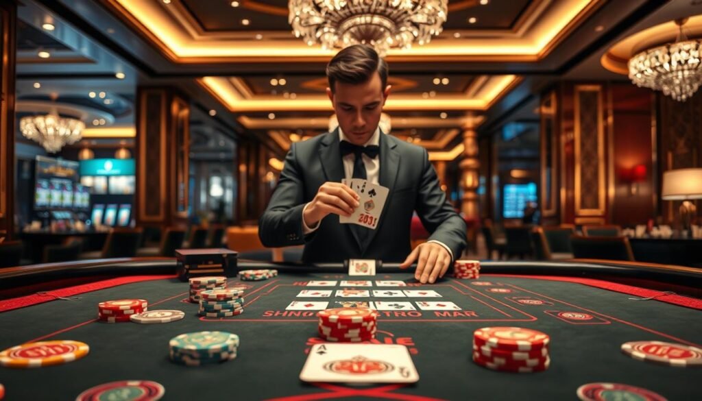 A hyper-realistic scene illustrating a Baccarat game setup, focused on the high-definition card cutting display provided by 3A Entertainment. In the foreground, a beautifully arranged baccarat table with intricately designed chips and cards in vibrant colors. The middle layer features a professional dealer in smart attire performing the card cutting process with precision, capturing their intense focus. The background reveals an elegant casino interior, softly lit with ambient lighting that enhances the luxurious atmosphere, including reflections from polished surfaces. The overall mood is sophisticated and immersive, catering to Baccarat enthusiasts seeking a visually stunning gaming experience, showcasing the extensive attention to detail and realism in the setting.