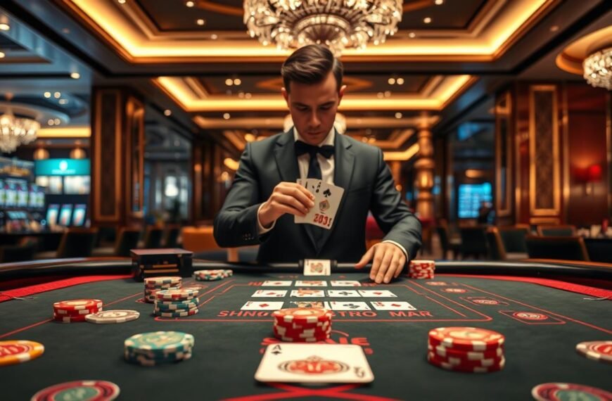 A hyper-realistic scene illustrating a Baccarat game setup, focused on the high-definition card cutting display provided by 3A Entertainment. In the foreground, a beautifully arranged baccarat table with intricately designed chips and cards in vibrant colors. The middle layer features a professional dealer in smart attire performing the card cutting process with precision, capturing their intense focus. The background reveals an elegant casino interior, softly lit with ambient lighting that enhances the luxurious atmosphere, including reflections from polished surfaces. The overall mood is sophisticated and immersive, catering to Baccarat enthusiasts seeking a visually stunning gaming experience, showcasing the extensive attention to detail and realism in the setting.