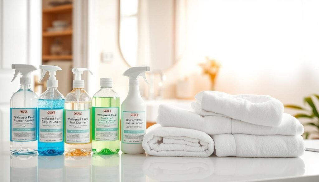 A neatly arranged selection of disinfectants and cleaning agents on a clean countertop, showcasing a variety of products specifically designed for post-wart treatment hygiene. The foreground features elegant bottles with labels indicating their antiseptic properties, alongside a pair of pristine white towels and garments, all symbolizing cleanliness and care. In the middle, a softly lit bathroom scene includes a sink and mirror reflecting the organized setup, enhancing the sense of a hygienic environment. The background is softly blurred, suggesting a warm, inviting atmosphere. Bright, natural light filters through a nearby window, creating a fresh and rejuvenating mood. The overall composition conveys a focus on health and cleanliness, perfect for illustrating essential post-treatment disinfection practices. A neatly arranged selection of disinfectants and cleaning agents on a clean countertop, showcasing a variety of products specifically designed for post-wart treatment hygiene. The foreground features elegant bottles with labels indicating their antiseptic properties, alongside a pair of pristine white towels and garments, all symbolizing cleanliness and care. In the middle, a softly lit bathroom scene includes a sink and mirror reflecting the organized setup, enhancing the sense of a hygienic environment. The background is softly blurred, suggesting a warm, inviting atmosphere. Bright, natural light filters through a nearby window, creating a fresh and rejuvenating mood. The overall composition conveys a focus on health and cleanliness, perfect for illustrating essential post-treatment disinfection practices.