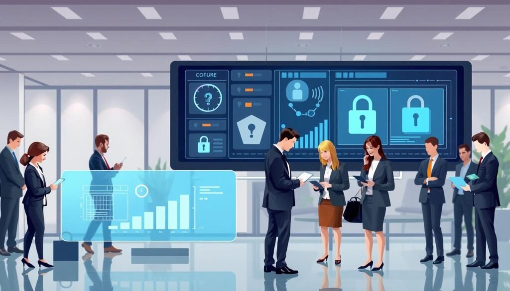 A professional and detailed digital illustration depicting a secure electronic wallet verification process aimed at preventing fake accounts and money laundering. In the foreground, illustrate a diverse group of individuals in professional business attire, engaging with technology such as laptops and smartphones, symbolizing the verification steps. The middle layer should feature visual elements like secure servers, digital locks, and graphs representing data analysis, highlighting the technological aspect of the verification system. In the background, create a modern office environment with soft lighting that conveys a sense of security and professionalism. The overall mood should be serious yet hopeful, emphasizing the importance of integrity in digital finance.
