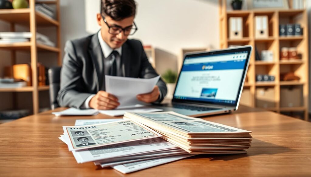 A professional office setting showcasing a secure document preparation process for account verification. In the foreground, display a close-up view of neatly arranged personal identification documents such as a driver's license and a utility bill. The middle layer features a focused individual dressed in business attire, meticulously organizing the documents on a wooden desk, with a laptop open displaying the UG娛樂城 website in the background. Soft, natural lighting illuminates the scene, casting light shadows that create a calm atmosphere. In the background, shelves filled with office supplies subtly hint at a professional setting, reinforcing the importance of safety and compliance in financial matters. Overall, the image should convey a sense of trust and security essential for account verification.