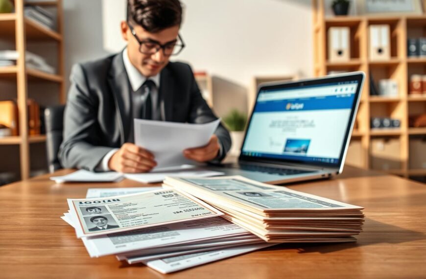 A professional office setting showcasing a secure document preparation process for account verification. In the foreground, display a close-up view of neatly arranged personal identification documents such as a driver's license and a utility bill. The middle layer features a focused individual dressed in business attire, meticulously organizing the documents on a wooden desk, with a laptop open displaying the UG娛樂城 website in the background. Soft, natural lighting illuminates the scene, casting light shadows that create a calm atmosphere. In the background, shelves filled with office supplies subtly hint at a professional setting, reinforcing the importance of safety and compliance in financial matters. Overall, the image should convey a sense of trust and security essential for account verification.