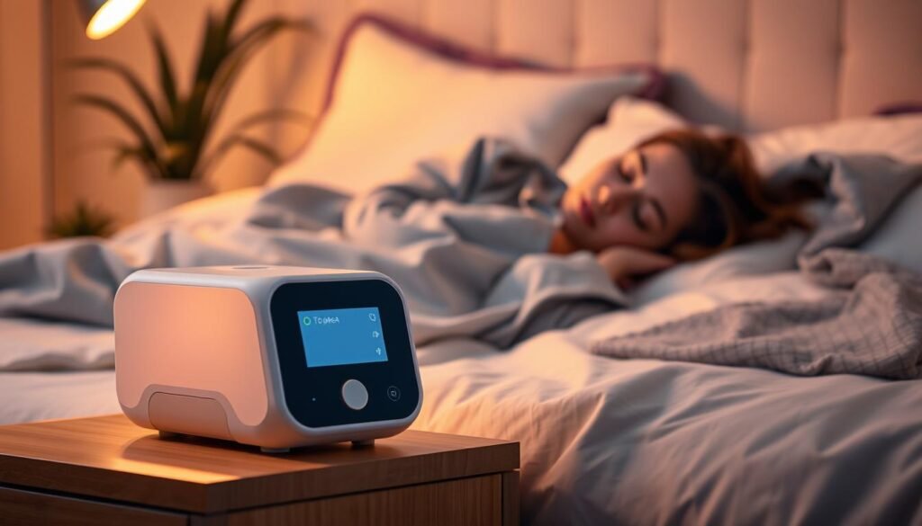 A serene bedroom setting illuminated by soft, warm lighting, emphasizing a modern sleep apnea machine on a bedside table. In the foreground, a close-up of the device highlights its sleek, user-friendly design with clear indicators and controls. In the middle, a peaceful sleeping individual, wearing comfortable, modest pajamas, rests comfortably under a cozy blanket, demonstrating relaxation and tranquility. In the background, gentle shadows of calming decor, such as plants and soft pillows, enhance the peaceful atmosphere. The scene evokes a sense of comfort, safety, and improved sleep quality, showcasing the positive impact of sleep apnea devices on restful sleep. The overall mood is tranquil and inviting, emphasizing harmony and well-being.