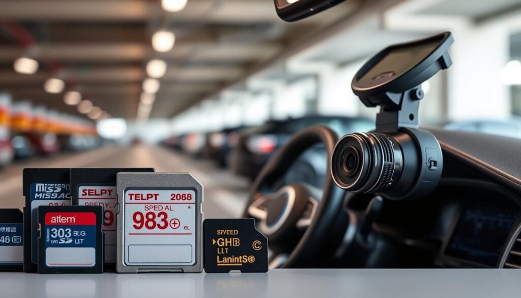 A visually engaging image depicting a guide for selecting memory cards for car dash cams. In the foreground, showcase a variety of memory cards with detailed labels highlighting key specifications such as speed class and storage capacity. In the middle, include a stylish car dashboard featuring a modern dash cam actively recording, with a clear view of the memory card slot. In the background, create a blurred sense of an underground parking garage with soft, natural lighting reflecting off car surfaces. The overall atmosphere should convey professionalism and clarity, emphasizing the importance of choosing the right memory card for recording high-quality footage, especially under challenging lighting conditions.