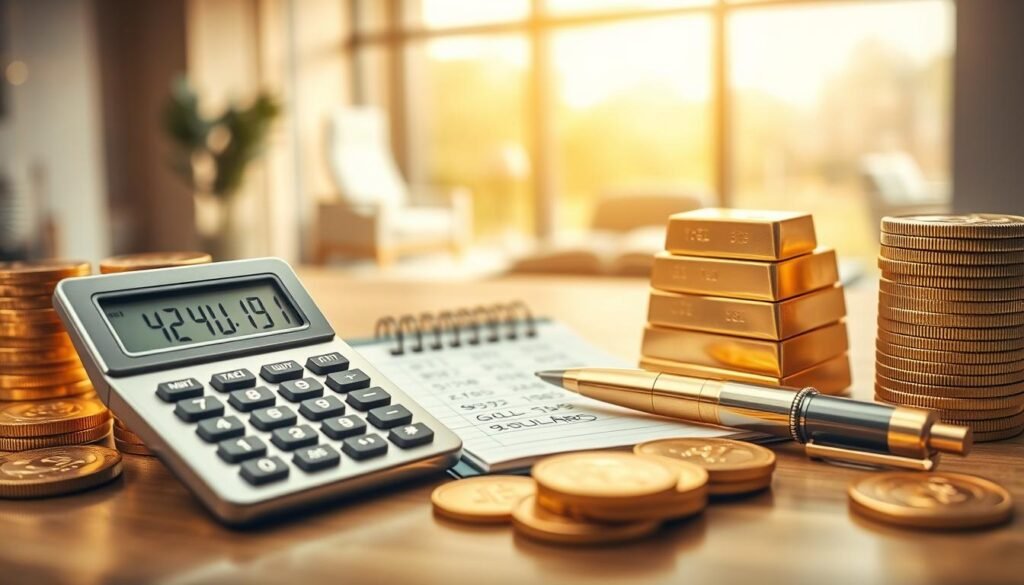 An elegant and detailed financial calculator for converting gold weight in taels to New Taiwan Dollars, prominently featured in the foreground. The calculator is metallic and modern, surrounded by shiny gold coins and gold bullion bars stacked neatly. In the middle, a notepad displays numerical calculations and a gold-themed pen rests beside it, emphasizing the financial aspect. The background features a soft-focus image of an office setting with a large window letting in natural light, creating an airy atmosphere. The lighting is warm, enhancing the golden hues and casting gentle shadows. The overall mood is professional and serious, capturing the essence of investment and currency conversion in a polished, sophisticated manner.