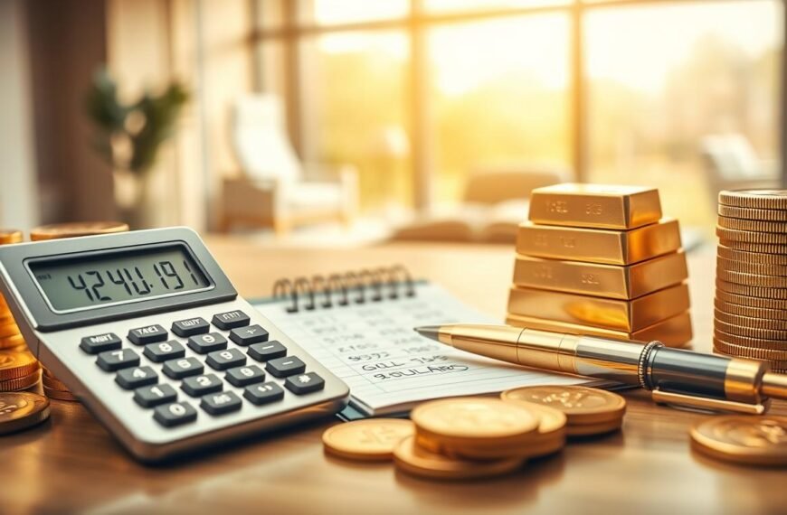 An elegant and detailed financial calculator for converting gold weight in taels to New Taiwan Dollars, prominently featured in the foreground. The calculator is metallic and modern, surrounded by shiny gold coins and gold bullion bars stacked neatly. In the middle, a notepad displays numerical calculations and a gold-themed pen rests beside it, emphasizing the financial aspect. The background features a soft-focus image of an office setting with a large window letting in natural light, creating an airy atmosphere. The lighting is warm, enhancing the golden hues and casting gentle shadows. The overall mood is professional and serious, capturing the essence of investment and currency conversion in a polished, sophisticated manner.