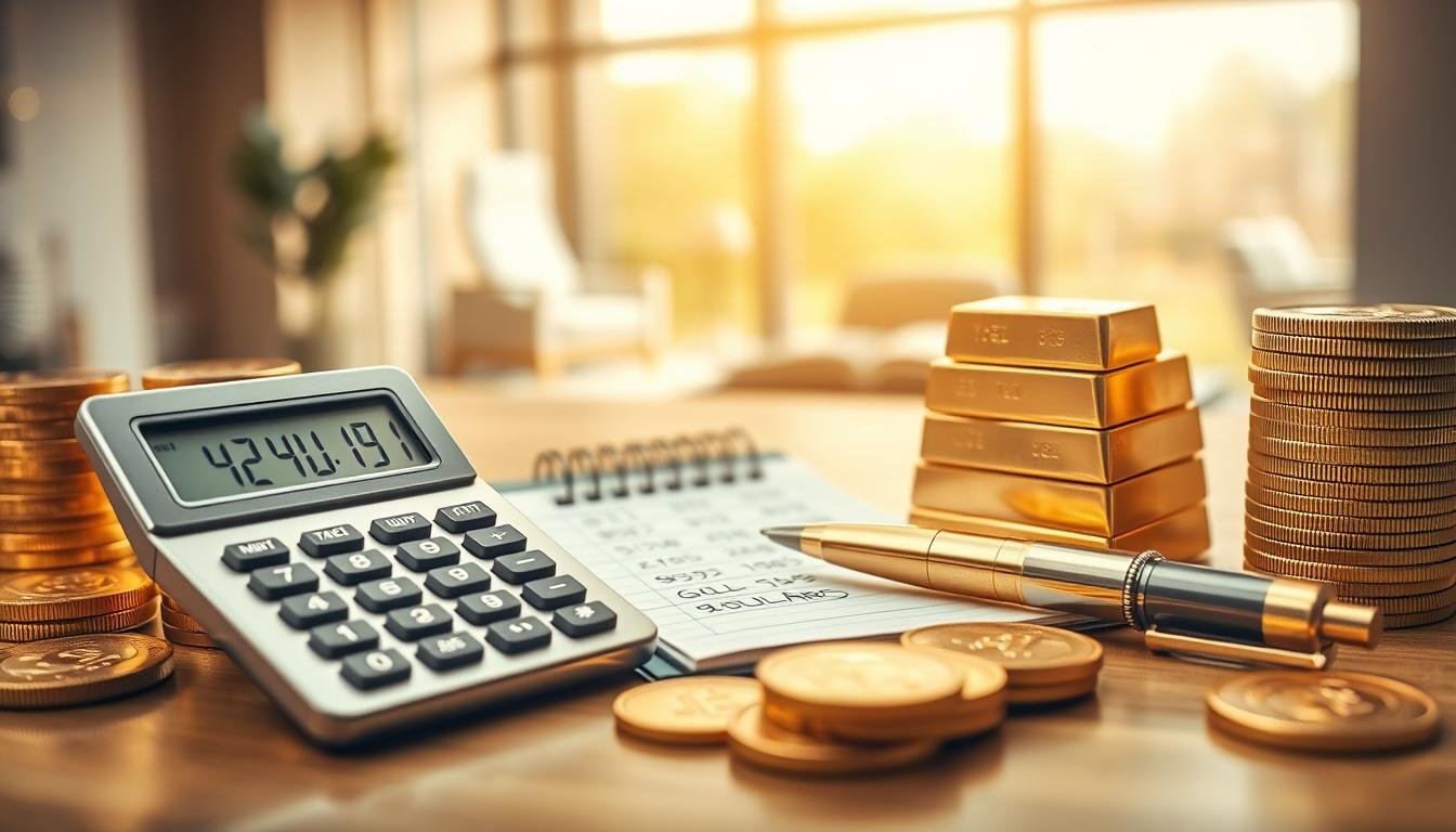 An elegant and detailed financial calculator for converting gold weight in taels to New Taiwan Dollars, prominently featured in the foreground. The calculator is metallic and modern, surrounded by shiny gold coins and gold bullion bars stacked neatly. In the middle, a notepad displays numerical calculations and a gold-themed pen rests beside it, emphasizing the financial aspect. The background features a soft-focus image of an office setting with a large window letting in natural light, creating an airy atmosphere. The lighting is warm, enhancing the golden hues and casting gentle shadows. The overall mood is professional and serious, capturing the essence of investment and currency conversion in a polished, sophisticated manner.