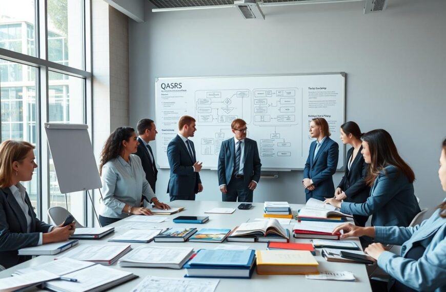 A professional setting showcasing the concept of the QASRS course. In the foreground, a group of diverse individuals dressed in professional business attire, engaged in a collaborative discussion around a large table filled with books, papers, and digital devices. In the middle ground, a whiteboard displays intricate diagrams and flowcharts detailing the QASRS curriculum structure. The background consists of a modern classroom environment with large windows allowing soft, natural light to illuminate the space. The atmosphere is one of focused inquiry and intellectual engagement, embodying the essence of language education and assessment methods. Capture this image from a slightly elevated angle to provide a comprehensive view of the scene.