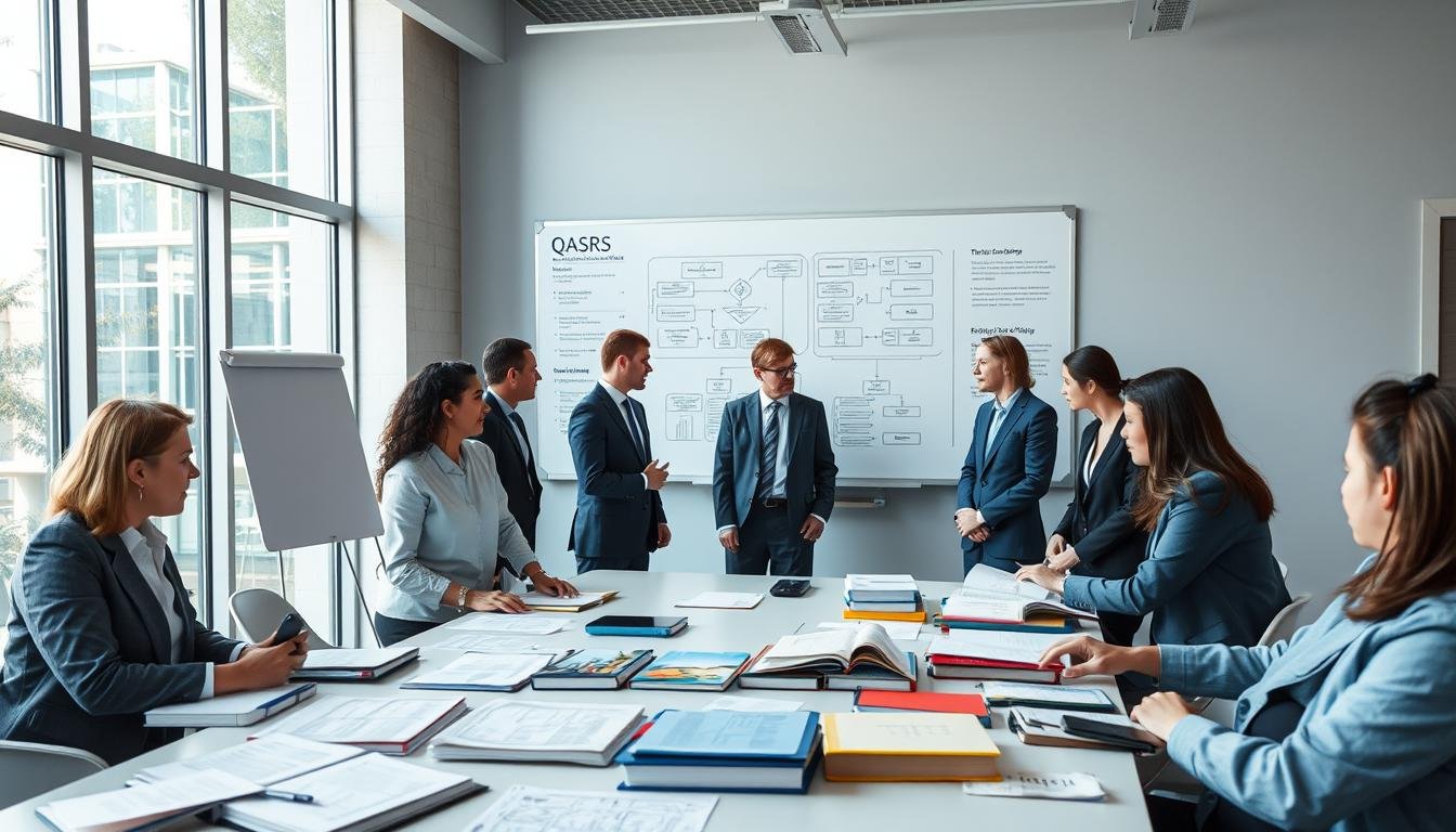 A professional setting showcasing the concept of the QASRS course. In the foreground, a group of diverse individuals dressed in professional business attire, engaged in a collaborative discussion around a large table filled with books, papers, and digital devices. In the middle ground, a whiteboard displays intricate diagrams and flowcharts detailing the QASRS curriculum structure. The background consists of a modern classroom environment with large windows allowing soft, natural light to illuminate the space. The atmosphere is one of focused inquiry and intellectual engagement, embodying the essence of language education and assessment methods. Capture this image from a slightly elevated angle to provide a comprehensive view of the scene.