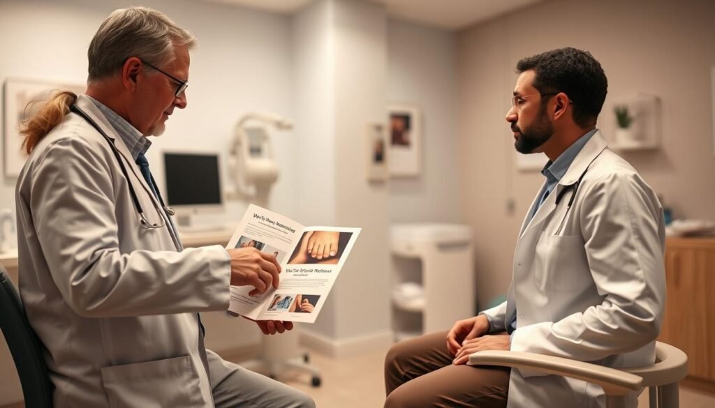 A safe and calming medical consultation room, where a registered doctor, dressed in professional attire, is attentively explaining the safety of wart removal treatments to a patient. In the foreground, the doctor is pointing to an informative brochure about the procedure, with detailed images and diagrams clearly visible. The middle ground features the patient attentively listening, seated comfortably in a modern examination chair. The background shows a well-organized medical office with clean, bright lighting, soft colors on the walls, and medical equipment neatly arranged. The overall atmosphere is reassuring and professional, emphasizing trust and expertise in medical care. The lighting is soft and warm, creating a sense of comfort and safety.