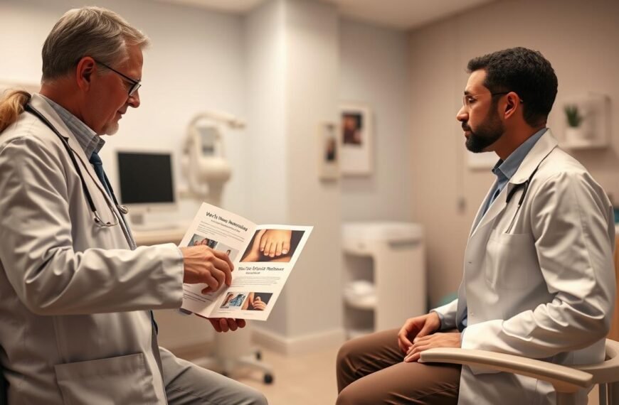 A safe and calming medical consultation room, where a registered doctor, dressed in professional attire, is attentively explaining the safety of wart removal treatments to a patient. In the foreground, the doctor is pointing to an informative brochure about the procedure, with detailed images and diagrams clearly visible. The middle ground features the patient attentively listening, seated comfortably in a modern examination chair. The background shows a well-organized medical office with clean, bright lighting, soft colors on the walls, and medical equipment neatly arranged. The overall atmosphere is reassuring and professional, emphasizing trust and expertise in medical care. The lighting is soft and warm, creating a sense of comfort and safety.