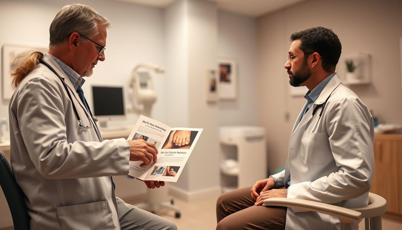 A safe and calming medical consultation room, where a registered doctor, dressed in professional attire, is attentively explaining the safety of wart removal treatments to a patient. In the foreground, the doctor is pointing to an informative brochure about the procedure, with detailed images and diagrams clearly visible. The middle ground features the patient attentively listening, seated comfortably in a modern examination chair. The background shows a well-organized medical office with clean, bright lighting, soft colors on the walls, and medical equipment neatly arranged. The overall atmosphere is reassuring and professional, emphasizing trust and expertise in medical care. The lighting is soft and warm, creating a sense of comfort and safety.