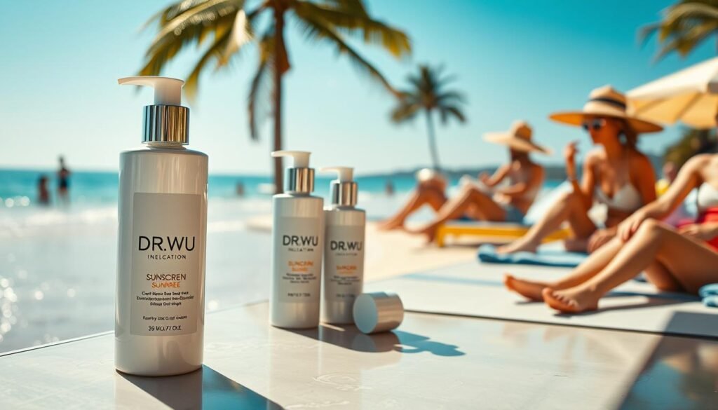A sleek and modern display of DR.WU sunscreen products arranged beautifully on a sunlit table by the water's edge. In the foreground, focus on an elegant bottle of DR.WU sunscreen, showcasing its label that hints at its protective qualities. The middle ground features a serene beach scene with gentle waves lapping at the shore, and a soft-focus of sunbathers engaged in summer activities, all dressed in modest swimwear and beach attire. The background includes clear blue skies and distant palm trees, enhancing the summer atmosphere. Use warm, natural lighting to create a vibrant and inviting mood. The angle should be slightly tilted to give a dynamic perspective, emphasizing the sunscreen in the foreground while retaining the essence of a summer day at the beach.