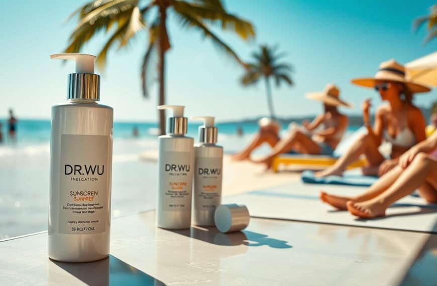 A sleek and modern display of DR.WU sunscreen products arranged beautifully on a sunlit table by the water's edge. In the foreground, focus on an elegant bottle of DR.WU sunscreen, showcasing its label that hints at its protective qualities. The middle ground features a serene beach scene with gentle waves lapping at the shore, and a soft-focus of sunbathers engaged in summer activities, all dressed in modest swimwear and beach attire. The background includes clear blue skies and distant palm trees, enhancing the summer atmosphere. Use warm, natural lighting to create a vibrant and inviting mood. The angle should be slightly tilted to give a dynamic perspective, emphasizing the sunscreen in the foreground while retaining the essence of a summer day at the beach.