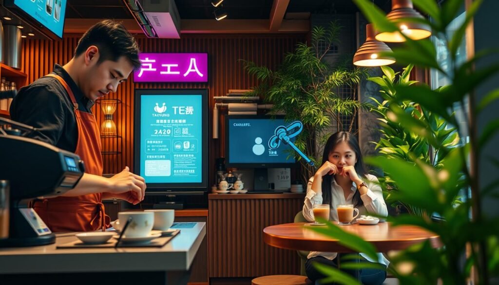 A vibrant scene depicting a modern Taichung tea shop undergoing digital transformation, showcasing a blend of traditional and contemporary elements. In the foreground, a professional barista in a stylish apron expertly prepares tea using innovative equipment, while a couple in casual yet smart attire sits at a cozy table, enjoying their drinks. In the middle ground, digital screens display the tea menu and order details, highlighting the integration of technology in customer service. The background features lush greenery to symbolize the connection to nature, with warm lighting creating a welcoming and intimate atmosphere. The image captures a cinematic vibe, aiming for a nostalgic yet forward-looking mood, emphasizing the evolution of tea culture in a digital age. The composition is framed in a 4:3 aspect ratio, enhancing the warmth and coziness of the scene.