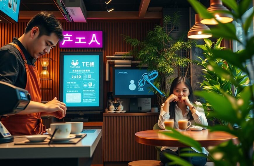 A vibrant scene depicting a modern Taichung tea shop undergoing digital transformation, showcasing a blend of traditional and contemporary elements. In the foreground, a professional barista in a stylish apron expertly prepares tea using innovative equipment, while a couple in casual yet smart attire sits at a cozy table, enjoying their drinks. In the middle ground, digital screens display the tea menu and order details, highlighting the integration of technology in customer service. The background features lush greenery to symbolize the connection to nature, with warm lighting creating a welcoming and intimate atmosphere. The image captures a cinematic vibe, aiming for a nostalgic yet forward-looking mood, emphasizing the evolution of tea culture in a digital age. The composition is framed in a 4:3 aspect ratio, enhancing the warmth and coziness of the scene.