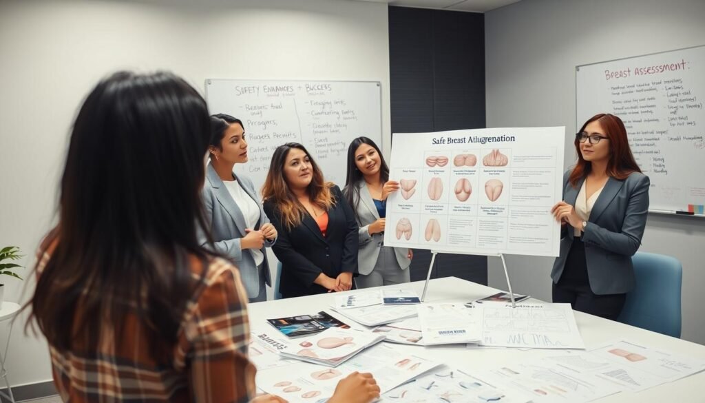 A well-lit, professional workspace featuring a diverse group of women in business attire engaged in a discussion about safe breast augmentation methods. In the foreground, a woman is pointing at a chart detailing various breast enhancement options, highlighting their safety and effectiveness. In the middle, a table is cluttered with brochures and detailed diagrams of breast enhancement procedures, emphasizing consultations and health assessments. The background shows a whiteboard filled with notes on safety measures and success rates, with soft, diffused lighting creating an atmosphere of professionalism and safety. The mood is informative and focused, encouraging thoughtful decision-making around body enhancement choices.