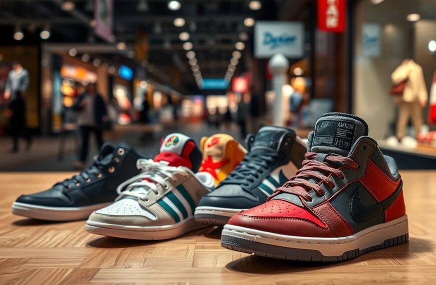 A modern and stylish scene showcasing a selection of popular American sneakers arranged artistically on a sleek wooden display table in the foreground. In the background, softly blurred out, an urban street scene with hints of vibrant storefronts can be seen, suggesting a bustling shopping atmosphere. The lighting is bright and inviting, emphasizing the colors and details of the sneakers while casting subtle shadows. The camera angle is eye-level, giving a close-up view of the sneakers, which include a variety of trendy designs and colors. The mood is energetic and youthful, appealing to sneaker enthusiasts. The entire scene radiates a sense of excitement and trendiness in sneaker culture.