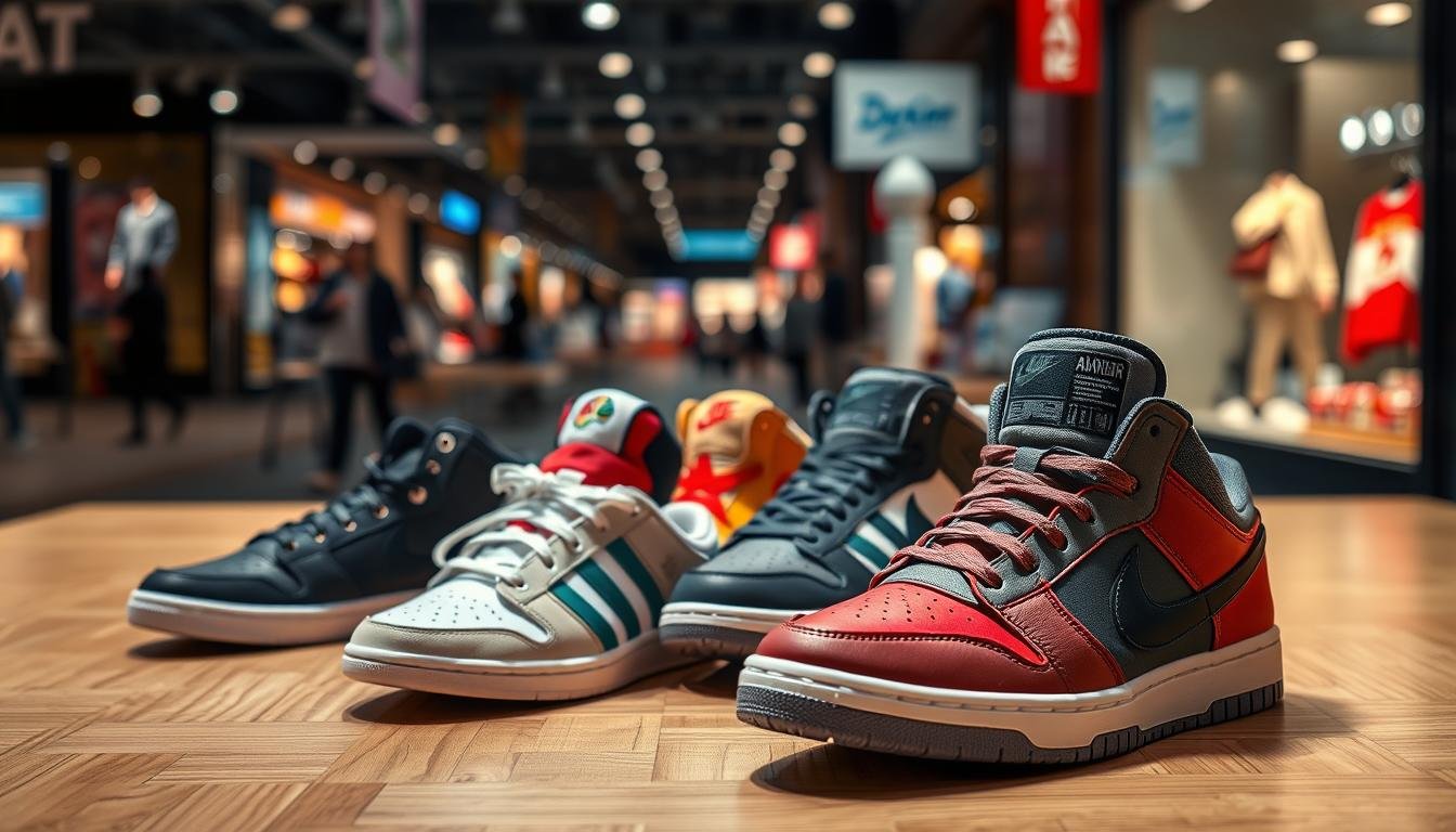 A modern and stylish scene showcasing a selection of popular American sneakers arranged artistically on a sleek wooden display table in the foreground. In the background, softly blurred out, an urban street scene with hints of vibrant storefronts can be seen, suggesting a bustling shopping atmosphere. The lighting is bright and inviting, emphasizing the colors and details of the sneakers while casting subtle shadows. The camera angle is eye-level, giving a close-up view of the sneakers, which include a variety of trendy designs and colors. The mood is energetic and youthful, appealing to sneaker enthusiasts. The entire scene radiates a sense of excitement and trendiness in sneaker culture.