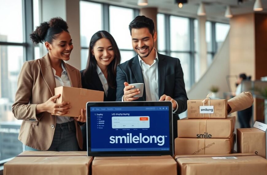 A professional and polished image depicting the concept of "US shopping and forwarding services." In the foreground, a diverse group of three people, dressed in smart casual and business attire, discussing packages with enthusiasm, showcasing a laptop displaying a user-friendly website interface for ordering. In the middle, neatly arranged parcels labeled with various brands and the logo of "smilelong," emphasizing international shipping. The background features a warm, inviting office space with bright lighting, large windows revealing a cityscape, symbolizing global commerce. The overall mood is positive and collaborative, reflecting excitement about easy and efficient purchasing from the U.S.