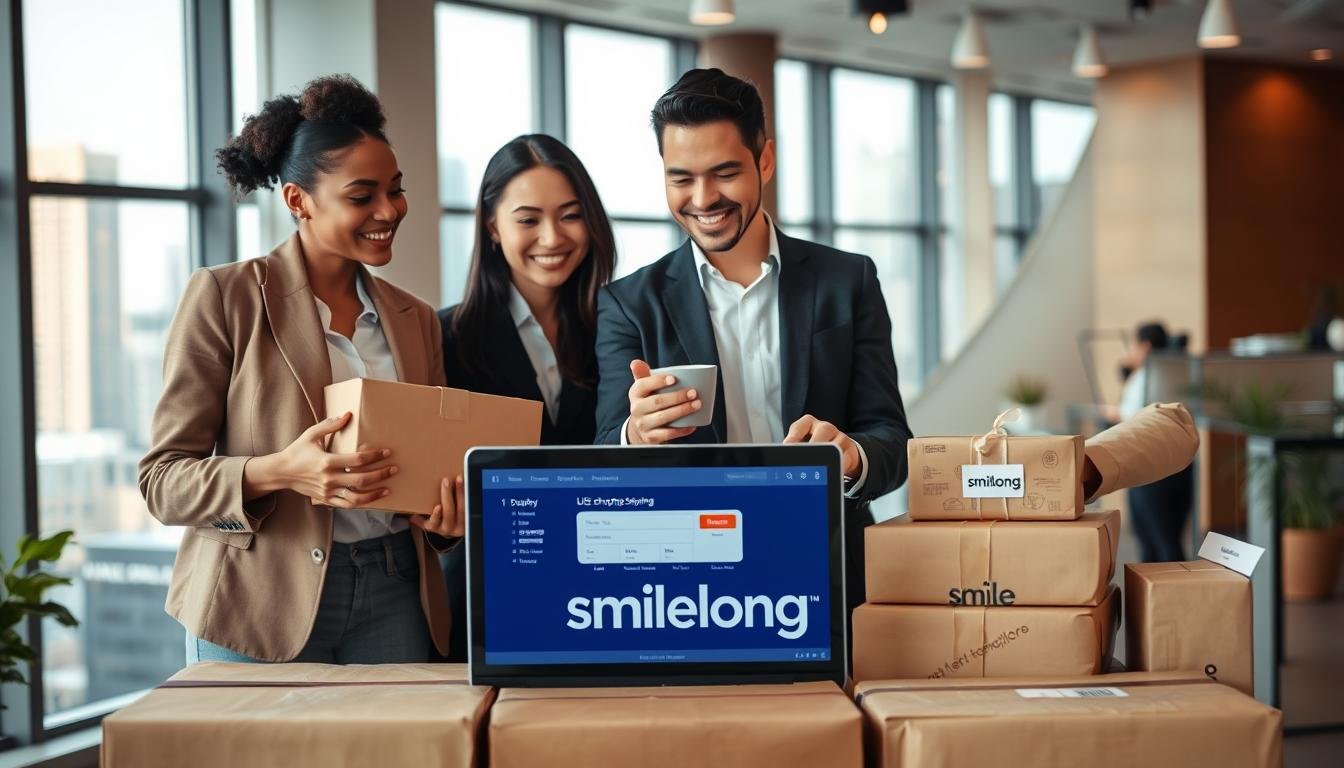 A professional and polished image depicting the concept of "US shopping and forwarding services." In the foreground, a diverse group of three people, dressed in smart casual and business attire, discussing packages with enthusiasm, showcasing a laptop displaying a user-friendly website interface for ordering. In the middle, neatly arranged parcels labeled with various brands and the logo of "smilelong," emphasizing international shipping. The background features a warm, inviting office space with bright lighting, large windows revealing a cityscape, symbolizing global commerce. The overall mood is positive and collaborative, reflecting excitement about easy and efficient purchasing from the U.S.