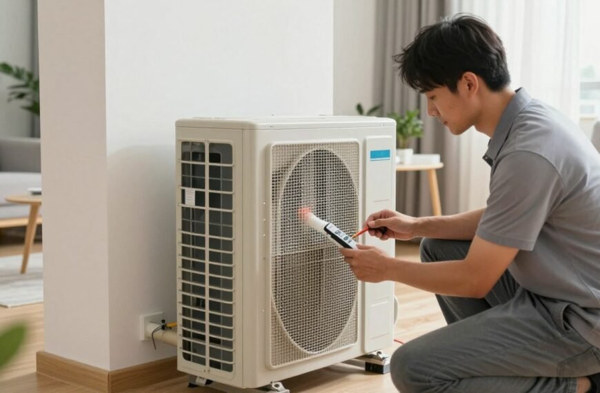 A professional technician in smart, casual attire inspects a newly installed split-type air conditioning unit inside a well-lit living room. In the foreground, the technician is kneeling beside the indoor unit, using a tool to check the drainage pipe and insulation. In the middle, the air conditioning unit is prominently featured, with detailed components visible, such as the outlet grille and the installed remote control. The background showcases a modern living space with minimalistic décor, soft natural light filtering in through a window. The atmosphere is one of precision and professionalism, highlighting the importance of proper installation for long-term efficiency and usability. The scene is captured from a slightly angled perspective, emphasizing both the technician and the unit, ensuring a clear focus on their connection.