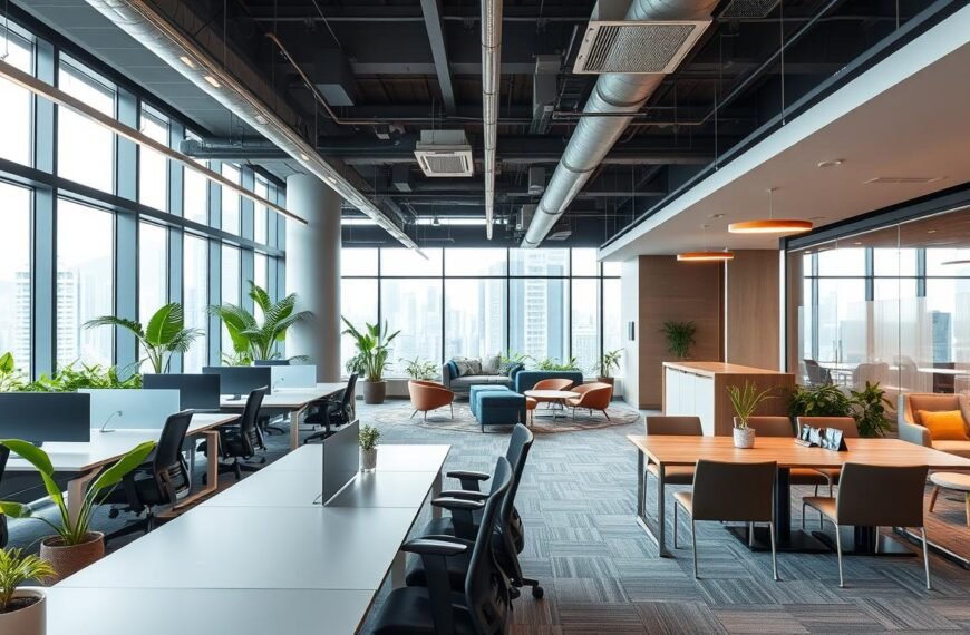 A vibrant and modern office space in Wan Chai, Hong Kong, showcasing an inviting environment designed for employee comfort. In the foreground, a sleek and organized coworking area with sleek desks, ergonomic chairs, and plants for a refreshing touch. The middle ground features a communal dining and relaxation zone with contemporary furniture, providing an atmosphere for casual meetings and socializing. The background captures a large window with views of the bustling city, filled with natural light flooding the office space. The overall mood is professional yet relaxed, highlighting the synergy between work and leisure. The scene is captured with a wide-angle lens to convey openness, featuring dynamic lighting that enhances the inviting ambiance of the office.