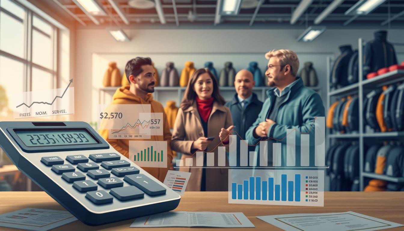 A visually engaging and informative illustration depicting the concept of transparency and reasonableness in fees during cross-border purchasing from the U.S. In the foreground, showcase a calculator surrounded by charts and graphs representing various shipping costs and fees, illustrating clarity in financial transactions. In the middle ground, depict a diverse group of three individuals in professional business attire discussing these fees amicably, with expressions of concentration and trust. The background should feature a well-lit office space with shelves of outdoor gear, referencing the context of purchasing outdoor functional jackets. The overall atmosphere should be one of professionalism, transparency, and teamwork, with soft, natural lighting highlighting the details of the scene. Ensure the composition is balanced and inviting, fostering a sense of trustworthiness in the purchasing process.
