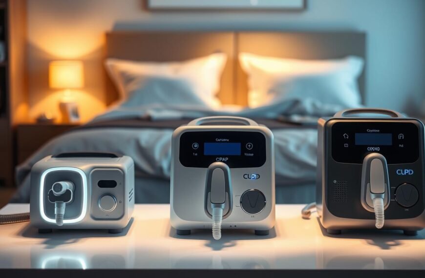 A well-lit display of various CPAP sleep apnea machines from Good CPAP, showcasing different models and features. In the foreground, three distinctive CPAP units are arranged attractively on a sleek, modern table. Each machine is illuminated with soft, warm lighting to highlight its design. The middle ground includes a blurred backdrop of a calming bedroom setting, emphasizing a peaceful sleep environment, with subtle elements such as a neatly made bed and soft pillows. The atmosphere is tranquil and inviting, suggesting comfort and reliability. The composition is shot from a slight angle to provide depth, resulting in an engaging and informative visual representation ideal for a professional article.