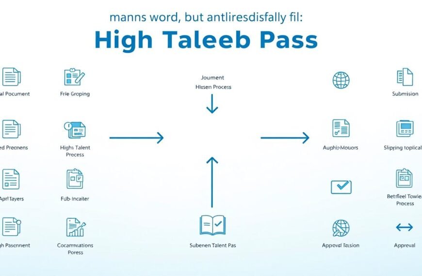 A detailed flowchart depicting the renewal process for the 高才通 (High Talent Pass) application. The foreground features clear and distinct icons representing each step of the application process, such as document preparation, submission, and approval stages. In the middle, arrows guide the viewer through the steps in a logical sequence, and illustrated elements include checkmarks and open folders. The background is a subtle gradient of soft blue and white, evoking a sense of professionalism and clarity. The lighting is bright and even, emphasizing the importance of the flowchart. The overall mood is informative and organized, ideal for a business context. No text or captions present.