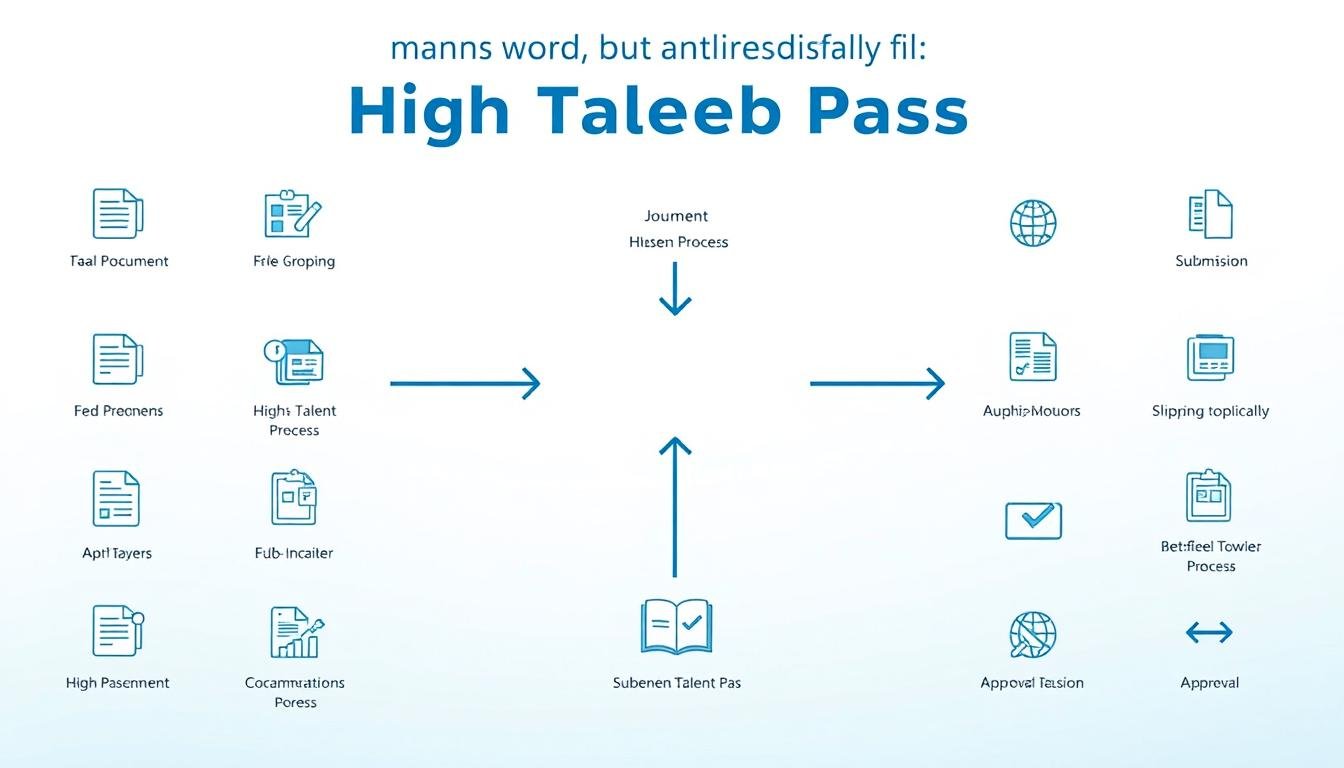A detailed flowchart depicting the renewal process for the 高才通 (High Talent Pass) application. The foreground features clear and distinct icons representing each step of the application process, such as document preparation, submission, and approval stages. In the middle, arrows guide the viewer through the steps in a logical sequence, and illustrated elements include checkmarks and open folders. The background is a subtle gradient of soft blue and white, evoking a sense of professionalism and clarity. The lighting is bright and even, emphasizing the importance of the flowchart. The overall mood is informative and organized, ideal for a business context. No text or captions present.
