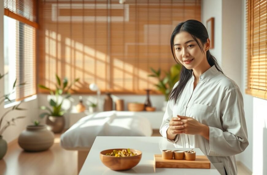 A serene clinic environment showcasing a traditional Chinese medicine setting for acne treatment. The foreground features a professional female practitioner in modest, professional attire, demonstrating care and attention with a gentle expression, preparing herbal remedies on a clean counter. In the middle, a treatment area with bamboo decor, medicinal herbs, and a calming water feature can be seen, reflecting a holistic approach to skincare. The background includes soft light streaming through natural wood blinds, casting gentle shadows and creating a tranquil atmosphere. The lens captures a warm, inviting mood, emphasizing healing and self-care post-treatment, without any text, overlays, or distracting elements.