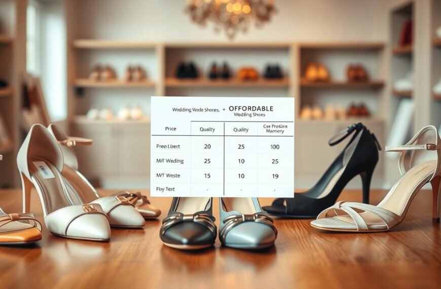 A visually appealing composition showcasing an elegant display of affordable wedding shoes on a clean, well-lit wooden table. In the foreground, several pairs of stylish wedding shoes in various designs and colors are arranged neatly, highlighting their quality and craftsmanship. In the middle, a subtle comparison chart featuring price tags and quality ratings is artistically integrated with the shoes, without any text. The background is softly blurred, giving a sense of a chic boutique setting, with soft, natural lighting that enhances the textures of the shoes. The overall mood is sophisticated yet inviting, perfect for a discerning audience looking for practicality and style in affordable wedding footwear. The image conveys a sense of thoughtful comparison and elegance, ideal for guiding readers in their purchase decisions.