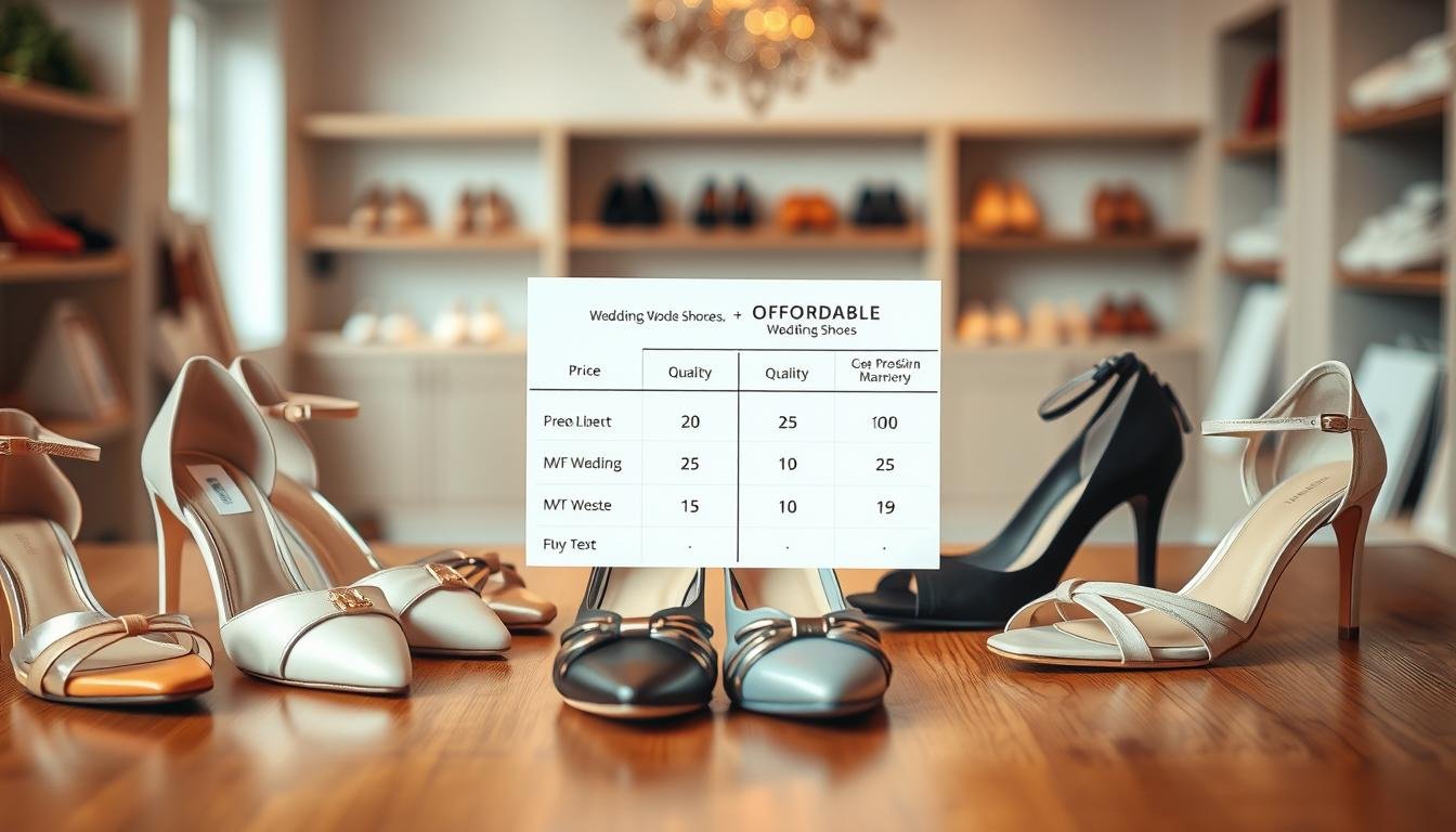A visually appealing composition showcasing an elegant display of affordable wedding shoes on a clean, well-lit wooden table. In the foreground, several pairs of stylish wedding shoes in various designs and colors are arranged neatly, highlighting their quality and craftsmanship. In the middle, a subtle comparison chart featuring price tags and quality ratings is artistically integrated with the shoes, without any text. The background is softly blurred, giving a sense of a chic boutique setting, with soft, natural lighting that enhances the textures of the shoes. The overall mood is sophisticated yet inviting, perfect for a discerning audience looking for practicality and style in affordable wedding footwear. The image conveys a sense of thoughtful comparison and elegance, ideal for guiding readers in their purchase decisions.
